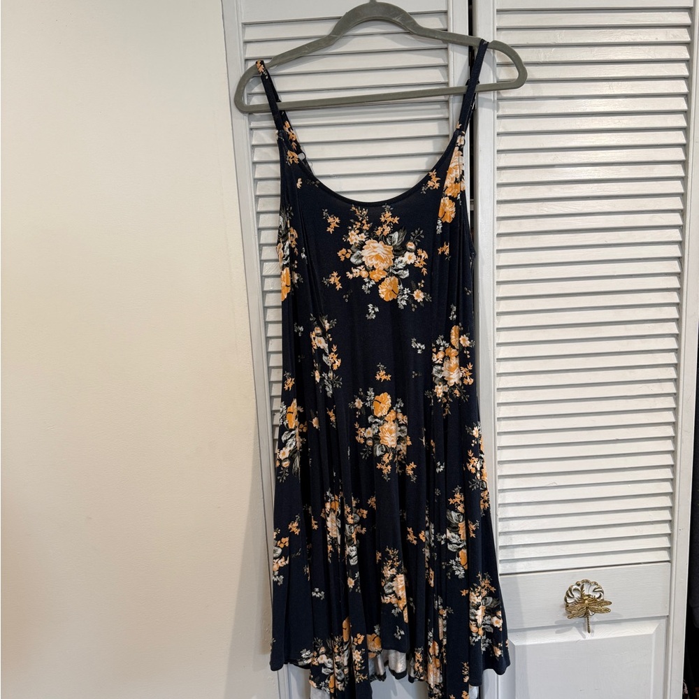 Super Soft Navy Floral Slip Dress with Spaghetti Straps and handkerchief hem